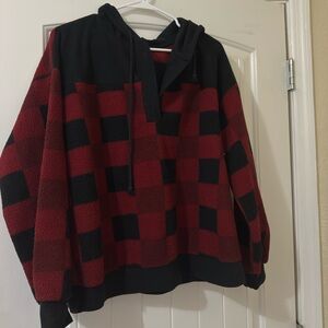 Men's Red and Black Check Pullover Hoodie Sweater